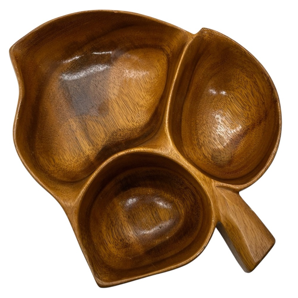 Midcentury Modern Vintage Tiki Blair Hawaii Monkeypod Wood Leaf Divided Tray
